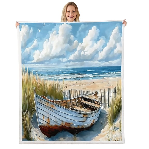 Erosebridal Beach Theme Sherpa Blanket, Coastal Lodge Cabin Plush Blanket, Microfiber, 90x90