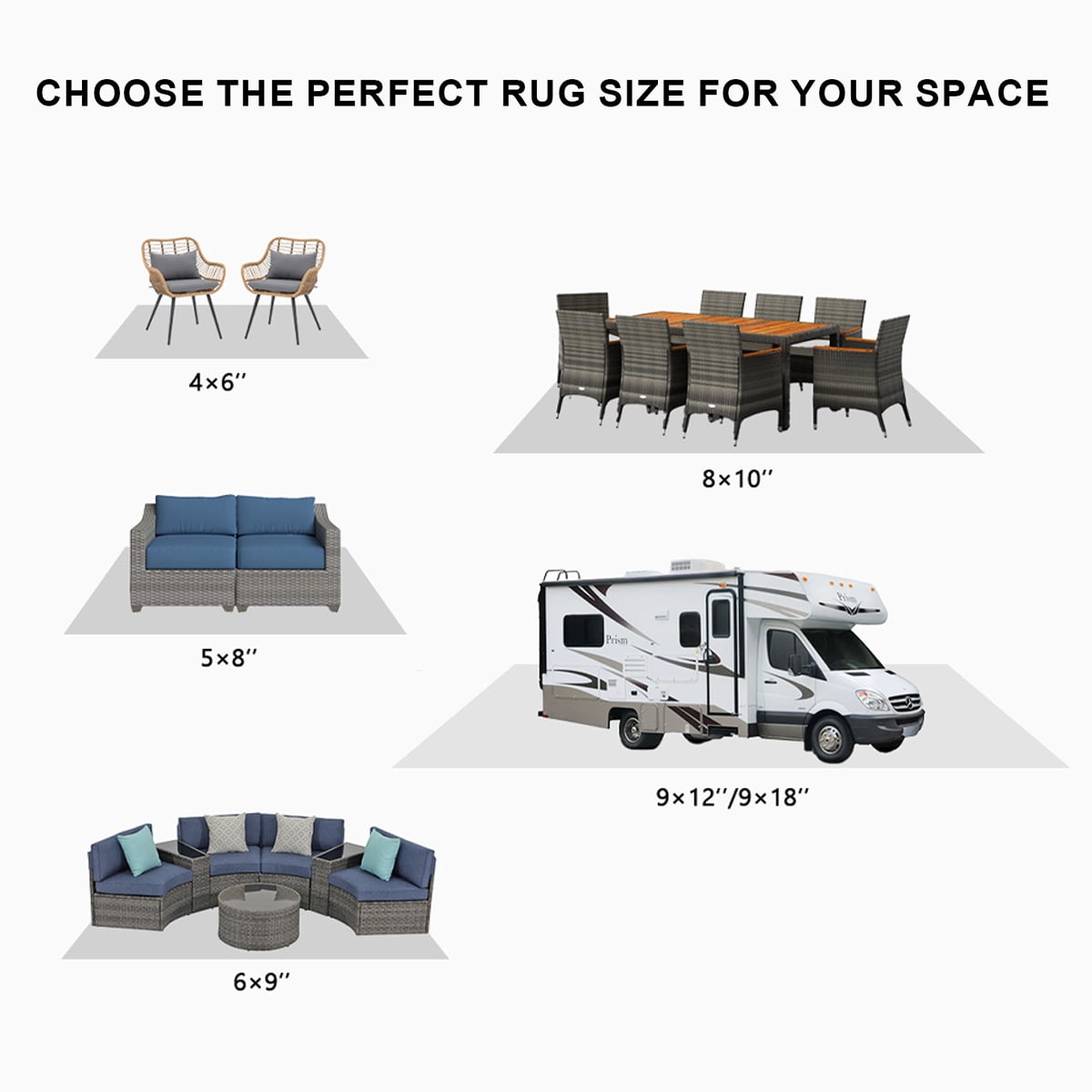 Kzaei Waterproof Outdoor Rug, Reversible Plastic Camping Area Rugs, Black & Gray