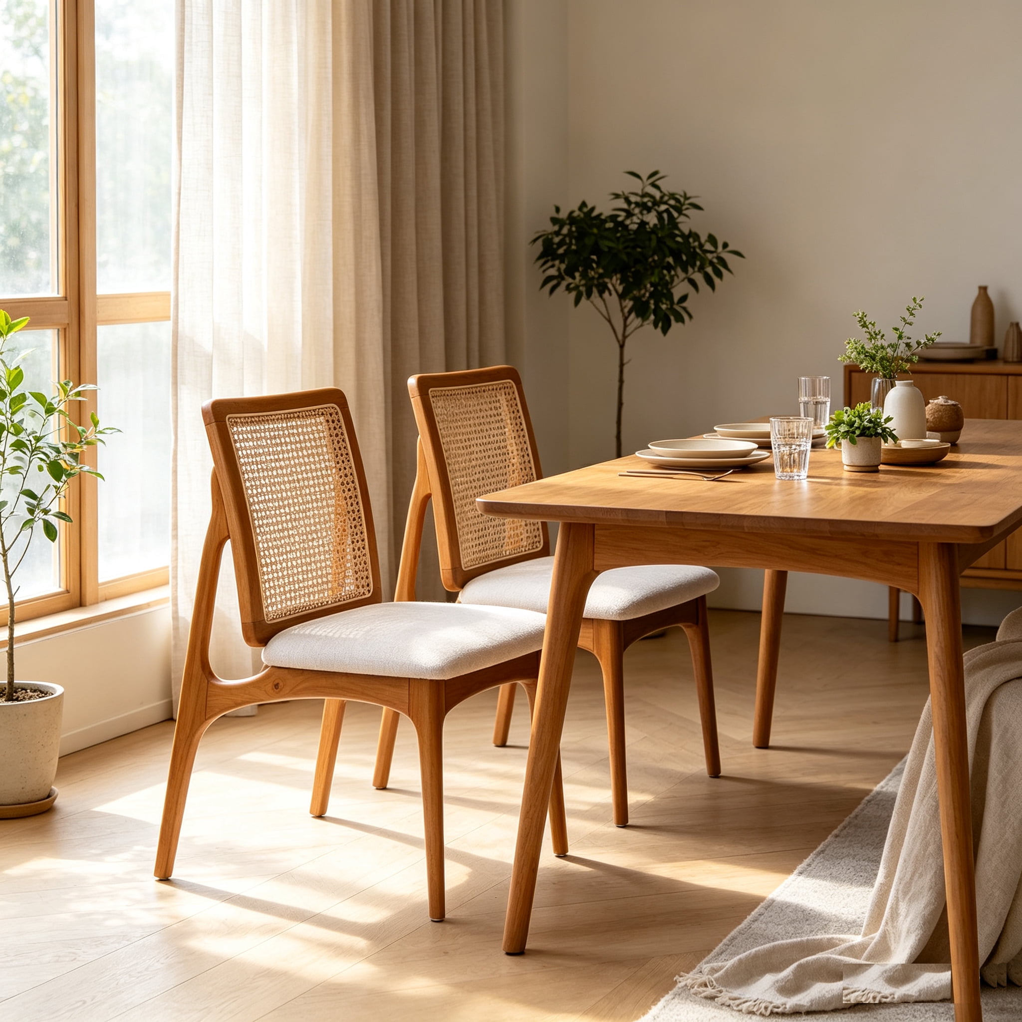 Garitin Dining Chair Set of 2 and Rattan Back Side Chairs, Wooden Frame Seating with Fabric Cushion for Kitchen and Dining Room, Natural