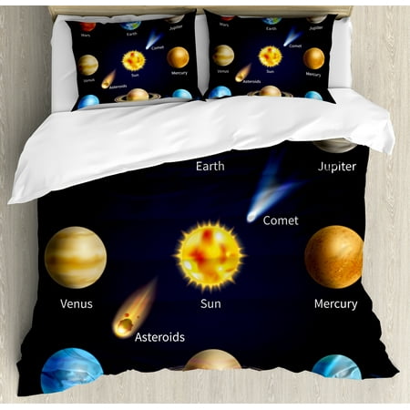 Educational Duvet Cover Set, Realistic Solar System Planets and Space Objects Asteroids Comet Universe Space, Decorative Bedding Set with Pillow Shams, Multicolor, by Ambesonne