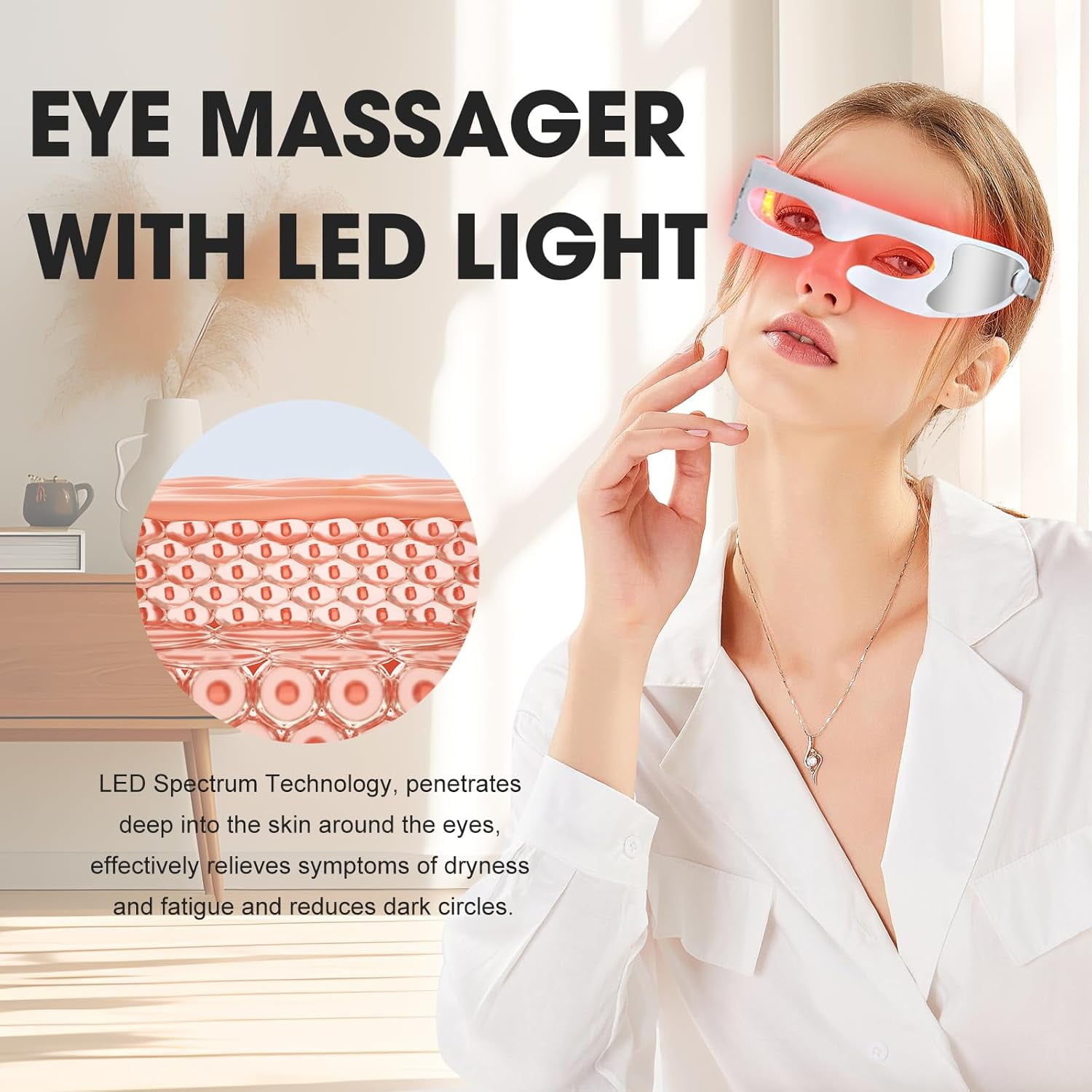 Vibrating Eye Massager with Red Light, Cordless Wearable Relaxation Goggles for Soothing Tired Eyes, Ideal for Use After Long Hours of Screen Time, At Home or Office