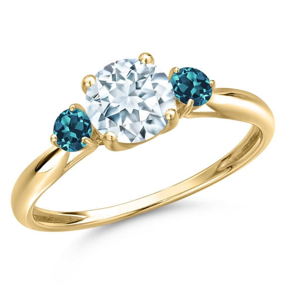 Gem Stone King 10K Yellow Gold Sky Blue Aquamarine and London Blue Topaz 3-Stone Ring for Women | 1.01 Cttw | Round 6MM | Gemstone March Birthstone | Size 8