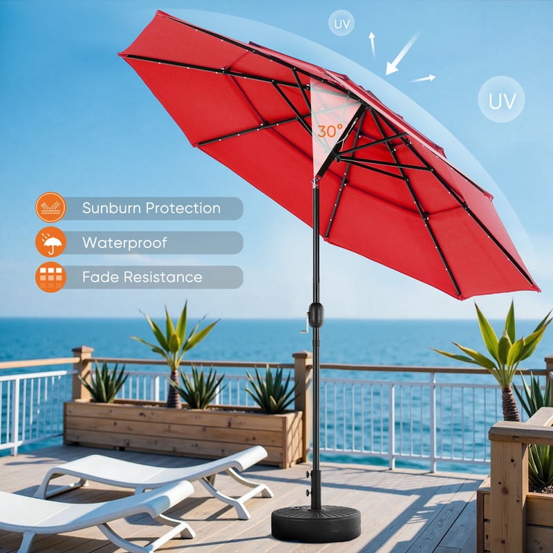 Gianna 10FT 3-Tier Solar Patio Umbrella with 32 LED Lights, Outdoor Umbrellas with Push Button Tilt and Crank,Red