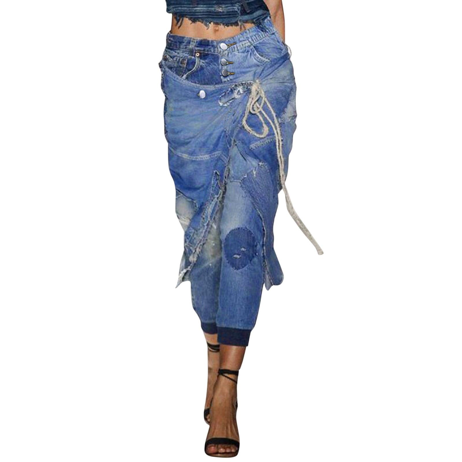 Yinguo Stitching Blue High Waist Drawstring Mom Denim Trousers Fashion  Loose Plus Size Women Jeans Casual Leggings XXL