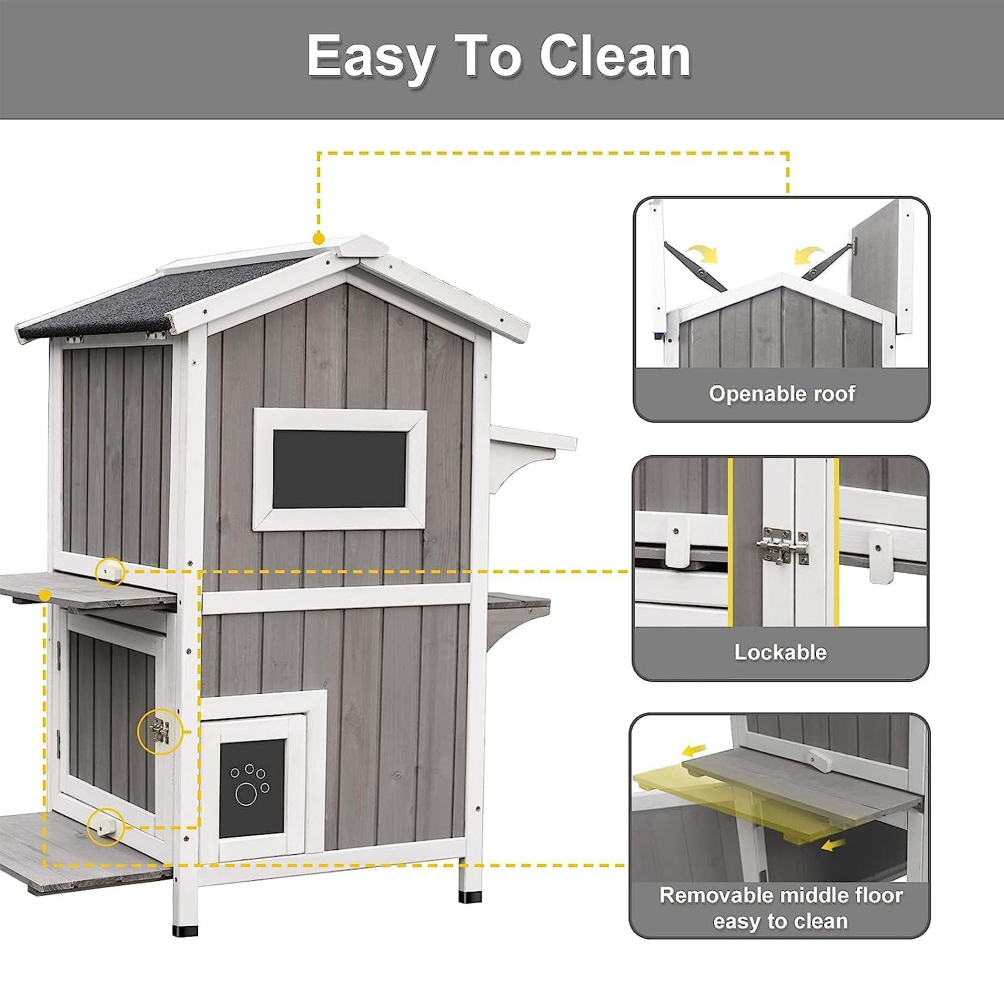 resenkos 37" 2-Story Cat House for Outdoor Cats, Weatherproof Cat Shelter with Escape Door, Wood Cat Condo for 3 Adult Cats, Gray