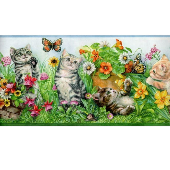 TRIMZ Happy Kitties Playmates Cats Wallpaper Border, Floral ,Animal, Kitchen Wall Decor, Pre-pasted 15 ft x 9.2 in., Green, Blue
