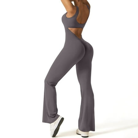 Phina Flare Jumpsuits for Women V Neck Bodycon Full Length Casual Unitard Bodysuit Playsuit Gray 2XL