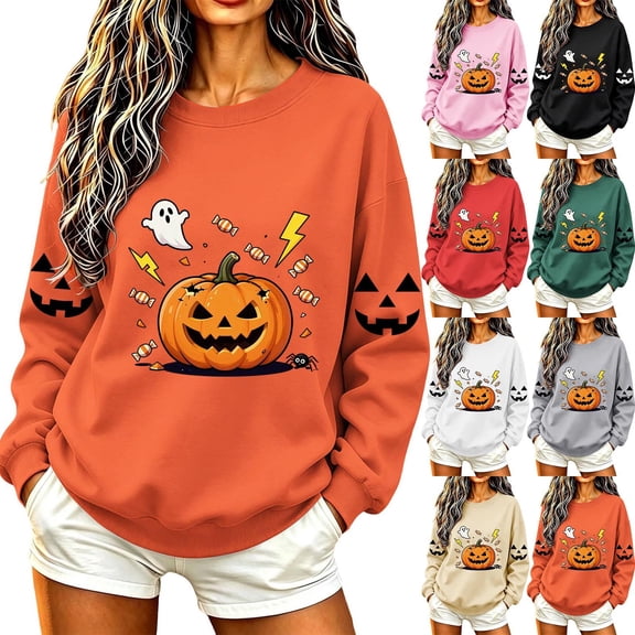 VKOYWKM Oversized Halloween Sweatshirts Women Pumpkin Graphic Sweatshirts Crewneck Long Sleeve Fall Sweatshirt Vintage Spooky Halloween Pullover Sweatshirts
