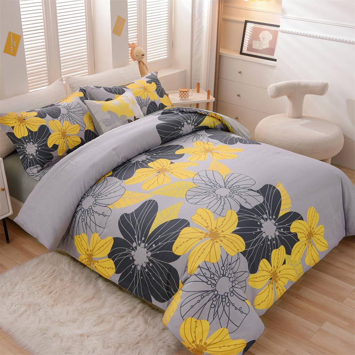 NTBED Floral Comforter Set Queen 6 PCS Bed in a Bag Yellow Flowers Printed on Grey Botanical Bedding Sets Boho