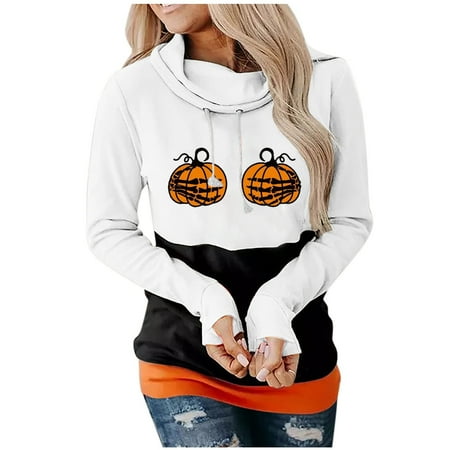 

Juebong Halloween Women Turtleneck Color Block Drawstring Hooded Sweatshirt Long Sleeve Cowl Neck Hoodie Lightweight Loose Fit Fall Color Patchwork Cute Graphic Hoodies Pullover Tops