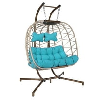 RADIATA Outdoor 2 Person Swing Egg Chair Double Wicker Hanging Egg Chair with Stand for Two 700 lbs Capaticy for Bedroom Balcony Patio, Brown/Biege