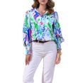 thumbnail image 2 of INSPIRE CHIC Women's Button Down Floral Long Sleeve Shirred Ruffle Hem Chiffon Blouse S Blue, 2 of 6