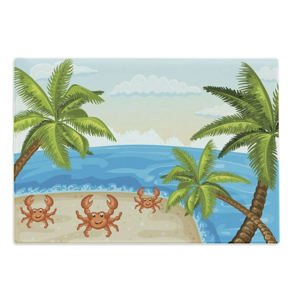 Crabs Cutting Board, Cartoon Style Illustration of the Palm Trees and Crabs on Beach Cloudy Sky Print, Decorative Tempered Glass Cutting and Serving Board, Large Size, Aqua Beige, by Ambesonne
