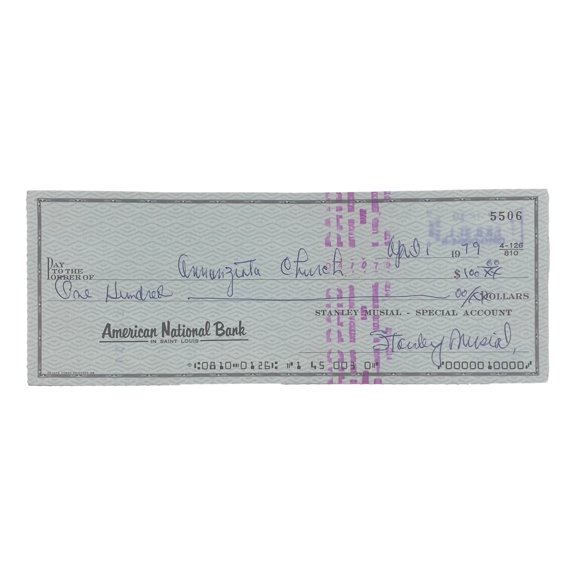 Stan Musial St. Louis Cardinals Signed  Bank Check #5506 BAS