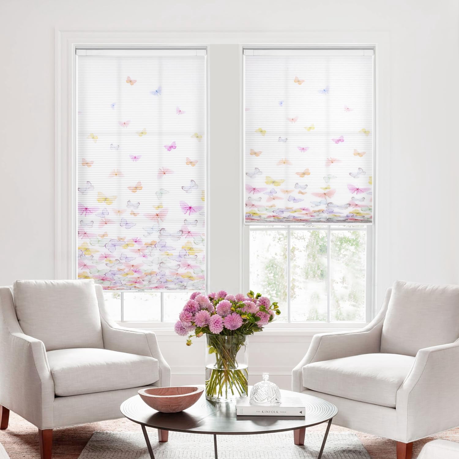 UNISHADES No Tools No Drill Cellular Shades Cordless Butterfly Patterned Light Filtering Honeycomb Blinds Suitable for Window Size 20" W × 64" H Fluttering Colourful Butterflies