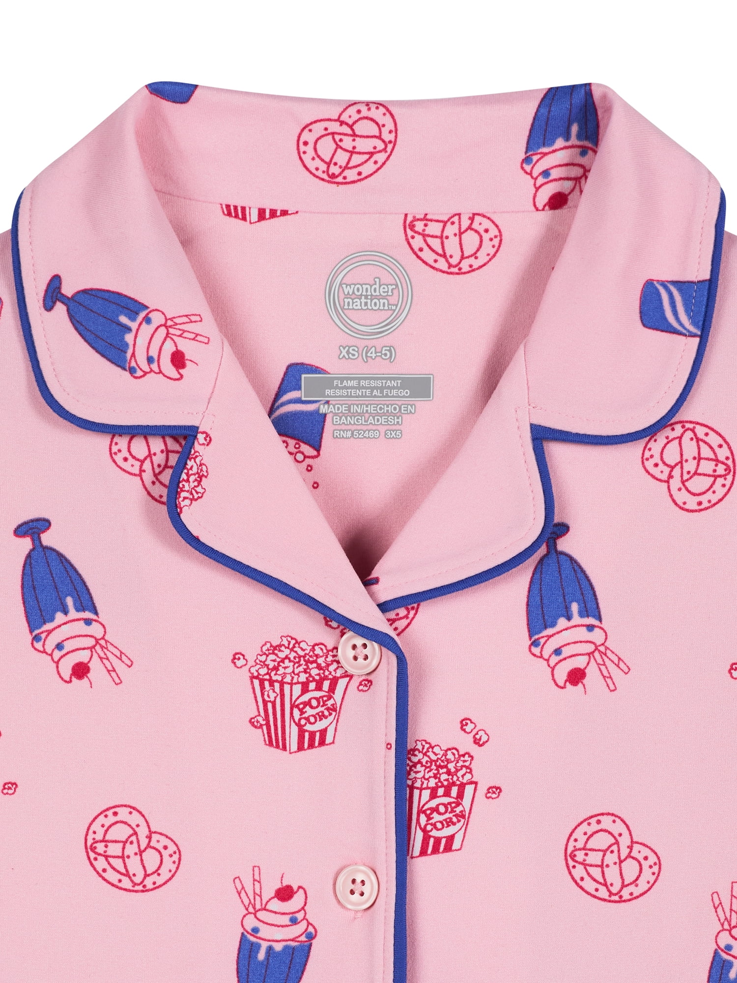 Wonder Nation Girls Short Sleeve Button Front Pajama Top and Shorts Set with Eyemask, 3-Piece, Sizes Sizes 4-18