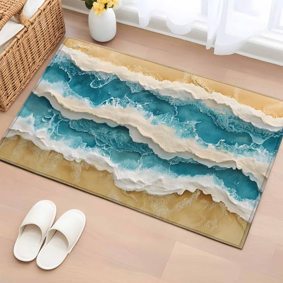 Teal Coastal Beach Bathroom Rug Washable 2x3 Entryway Rug Non Slip Summer Ocean Waves Watercolor Front Door Mat Low Pile Indoor Doormat Throw Floor Carpet for Kitchen Bedroom Entrance