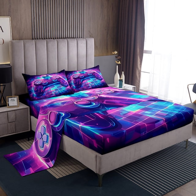 Erosebridal Gradient Teens Game Full Sheet Sets,Buffalo Plaid Bedding Full Size,Geometry Room Decor,4-Piece