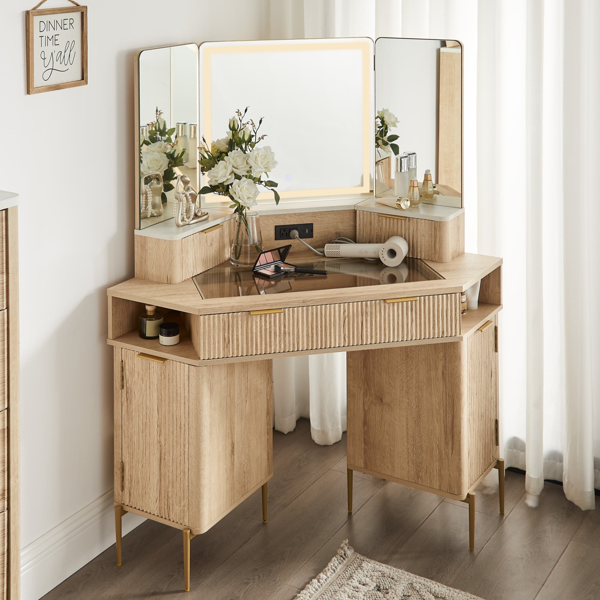 OKD 48" Fluted Makeup Vanity Desk with HD Triple Mirror and Lights, Modern Corner Vanity with 3 Drawers & 2 Cabin ets, Charging Station - Natural Oak
