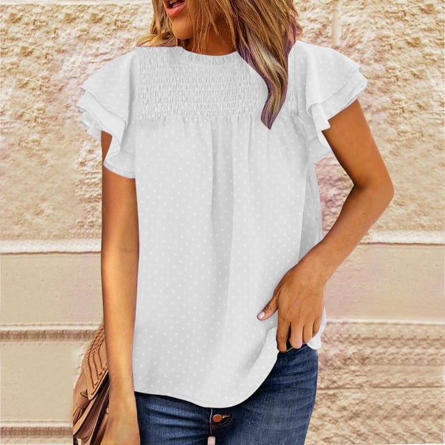 EGNMCR T-Shirts pour Femmes Femmes Décontracté Chiffon Col Rond Couleur Unie Chandail à Enfiler Laçage Manches à Volants Blouse T-shirt Hauts