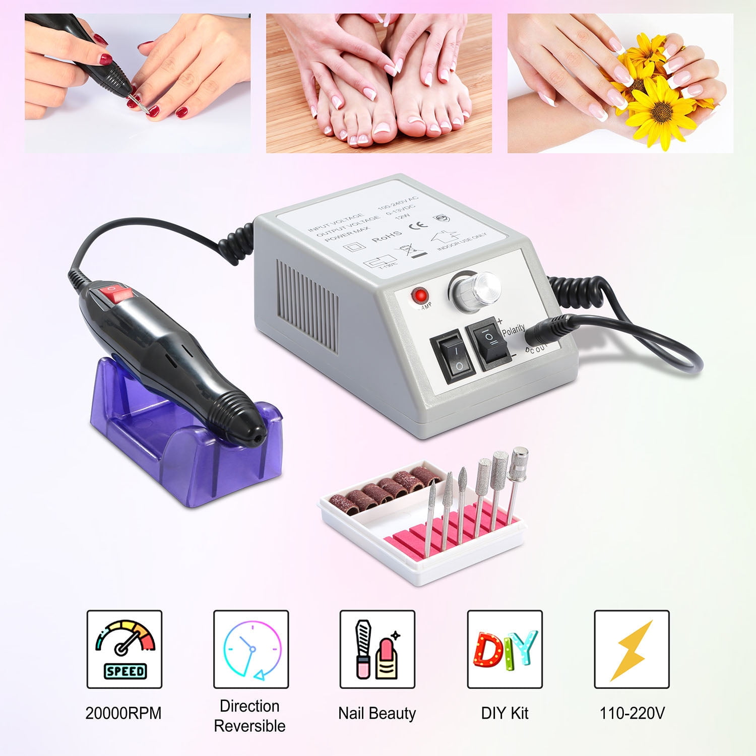 iMountek Professional Acrylic Nail Drill Machine 20000RPM Electric Handpiece w/6 Bits Cuticle Grinder Manicure Pedicure Polishing File Kit US UK Plug for Home Salon Images iMountek Professional Acrylic Nail Drill Machine 20000RPM Electric Handpiece w/6 Bits Cuticle Grinder Manicure Pedicure Polishing File Kit US UK Plug for Home Salon