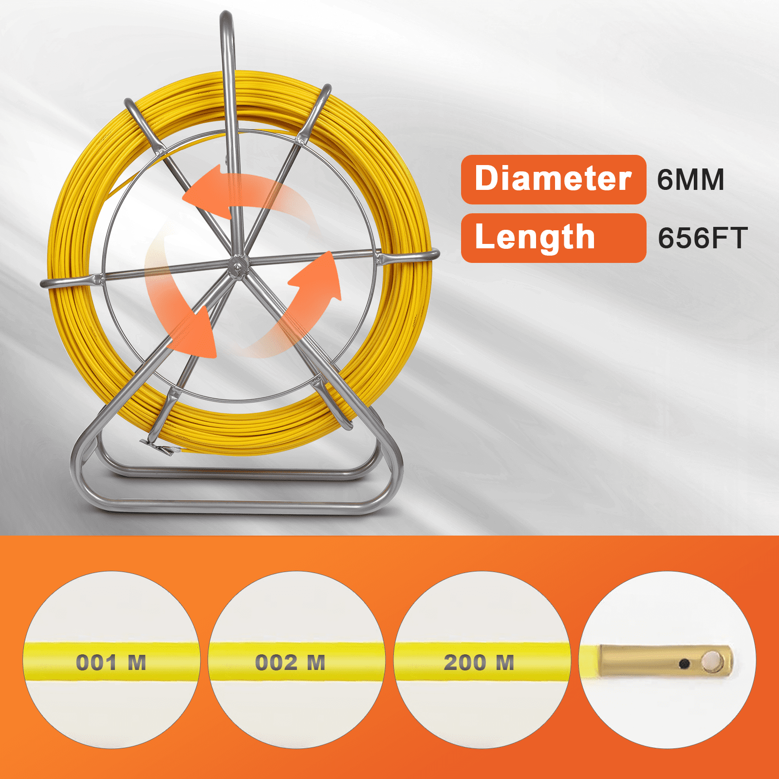656FT Fiberglass Fish Tape 1/4 inch(6MM), High Strength Flexible Wire Puller, Non-Conductive Electrical Fish Tape for Wall/Conduit Cable Running Installation