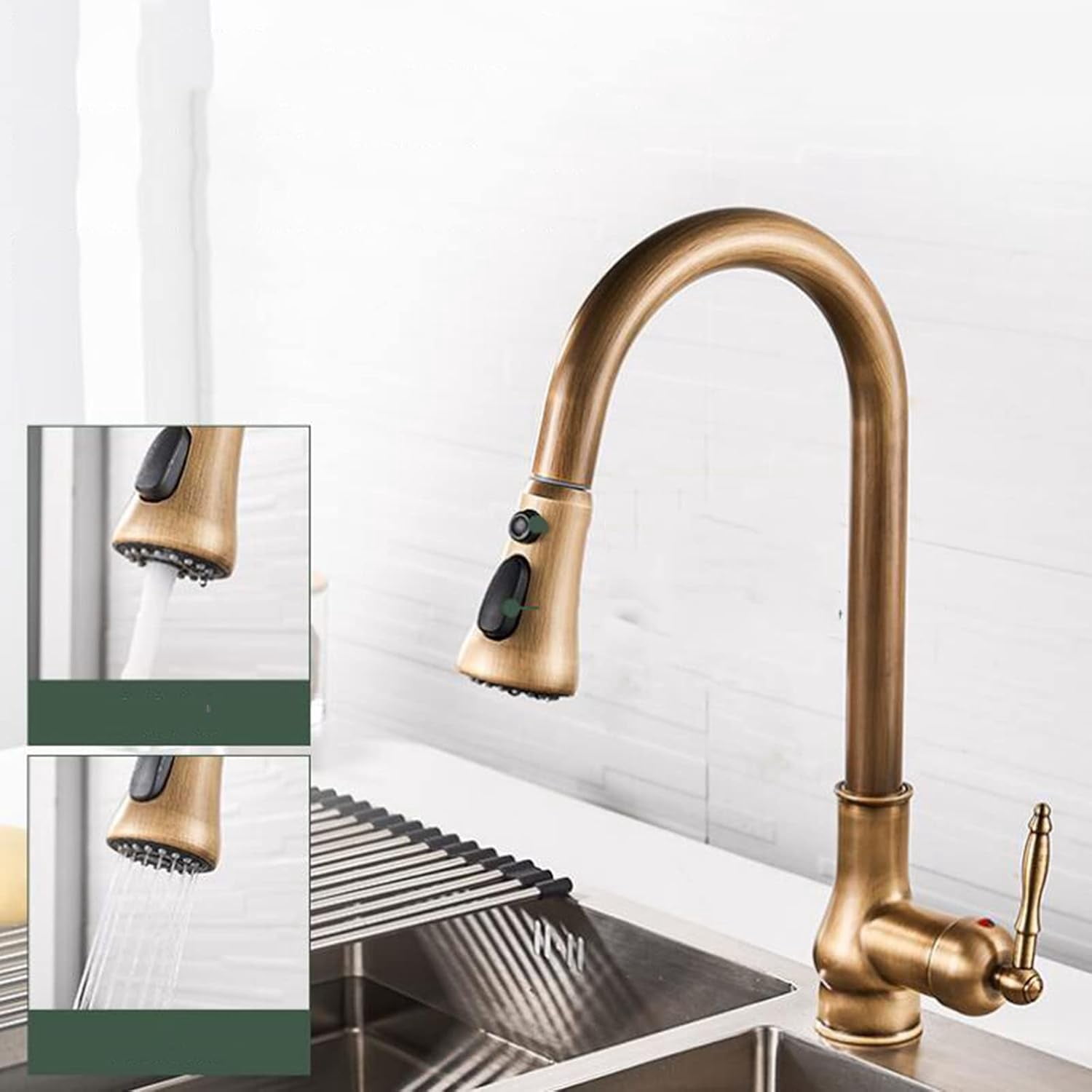 Kitchen Faucets with Pull Out Spray Antique Brass Kitchen Faucet 360° Swivel Hot and Cold Water Sink Faucet