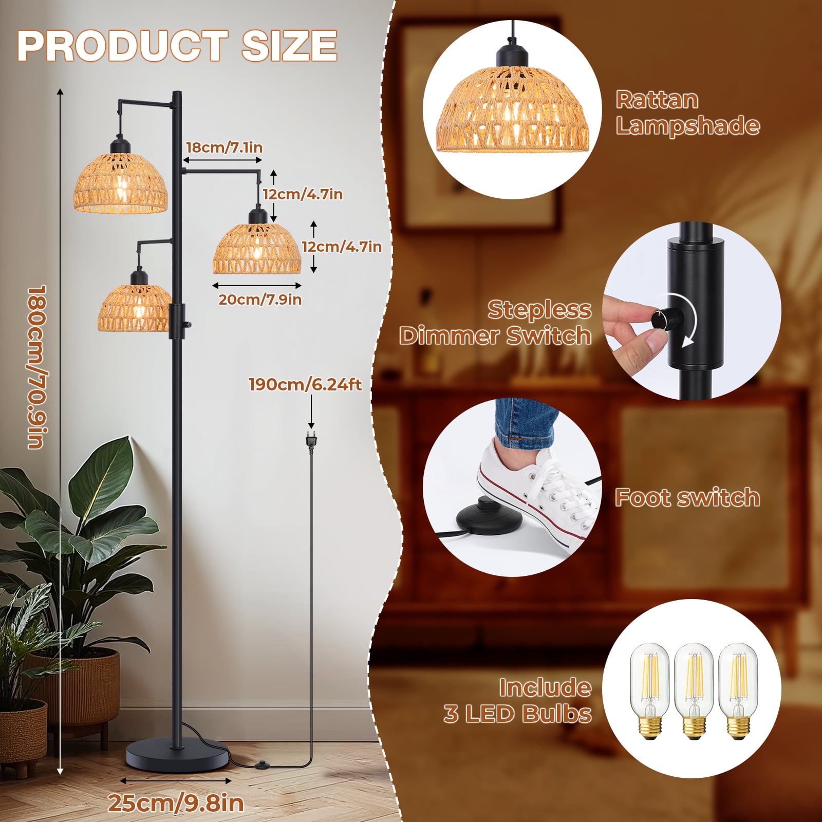 SERBASIC Tree Floor Lamp with 3 LED Bulbs, Boho Rattan Floor Lamp for Living Room and Bedroom, 72" Tall Standing Lamp with Stable Heavy Base, Industrial Farmhouse Decor
