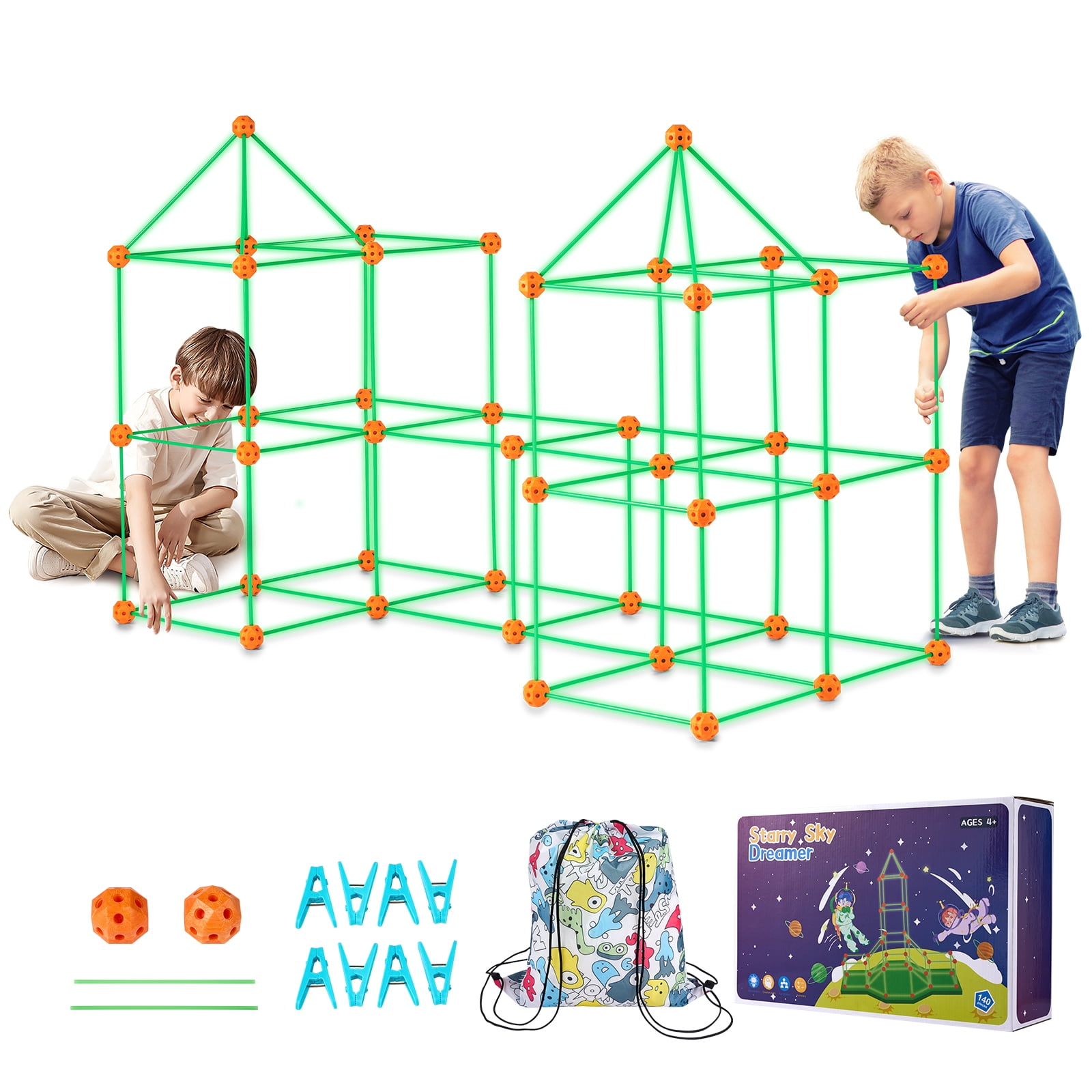 VEVOR Fort Building Kit for Kids,140PCS Glow in The Dark STEM Building Toys, Educational Gift for 4 5 6 7 8+ Year Old Boys & Girls Indoor Outdoor Play Tent Construction Toys with 96 Rods and 44 Balls