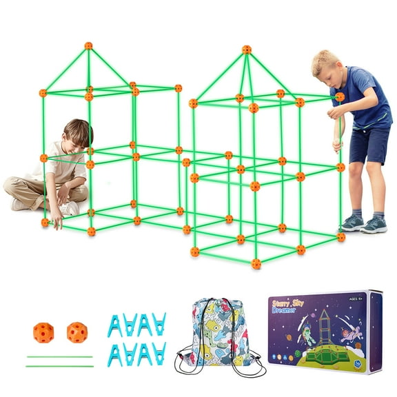 VEVOR Fort Building Kit for Kids,140PCS Glow in The Dark STEM Building Toys, Educational Gift for 4 5 6 7 8 Year Old Boys & Girls Indoor Outdoor Play Tent Construction Toys with 96 Rods and 44 Balls