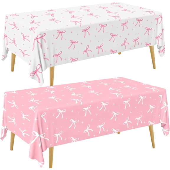 Bow Theme Party Tablecloth Set, 2-Pack Disposable Plastic Table Covers, White And Pink Coquette Birthday Decorations For Girls Party Supplies