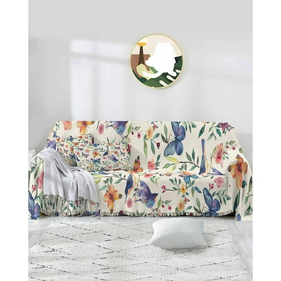 Fall Floral Birds Sofa Covers for 3 Cushion,Washable Couch Cover for Sectional Sofa Slipcovers with Tassel,Buffterfly Autumn Aesthetic;Leaves Plant Loveseat Covers Futon Cover Throw Blanket 71x118