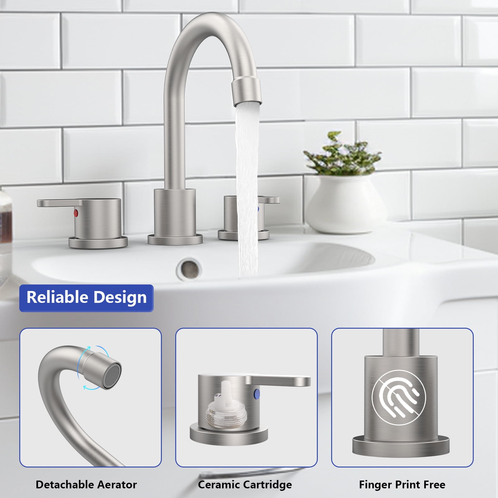 Widespread Bathroom Sink Faucet Brushed Nickel 2 Handle 8 inch 3 Hole 360°Swivel Spout Vanity Sink with Pop Up Drain Assembly