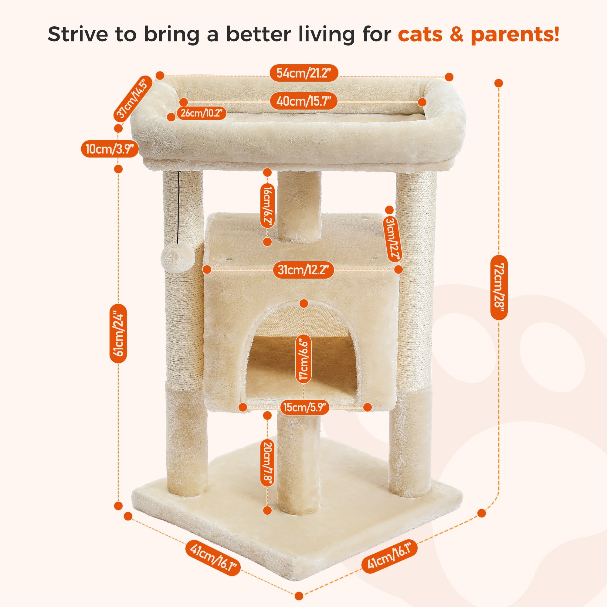 Kadyn 28" Multi-Level Cat Tree Tower Cat Condo with Scratching Posts, Jump Platform Top Perch and Dangling Ball, Beige