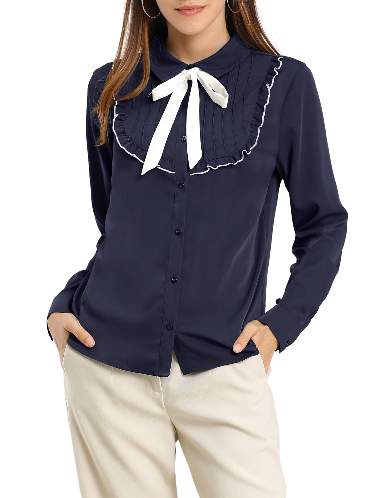 Allegra K Women's Tie Neck Cap Sleeve Button Down Ruffle Shirt 
