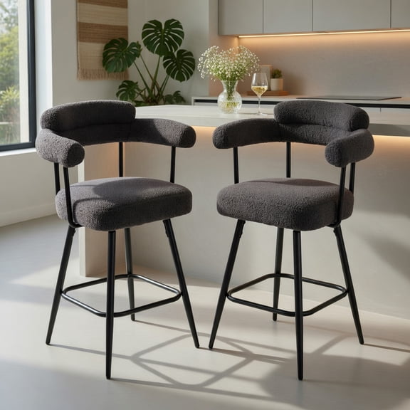 Demi Bonn Swivel Bar Stools Set of 2, Counter Height Curved Back with Arms, Padded Upholstered Bar Chairs, Gray