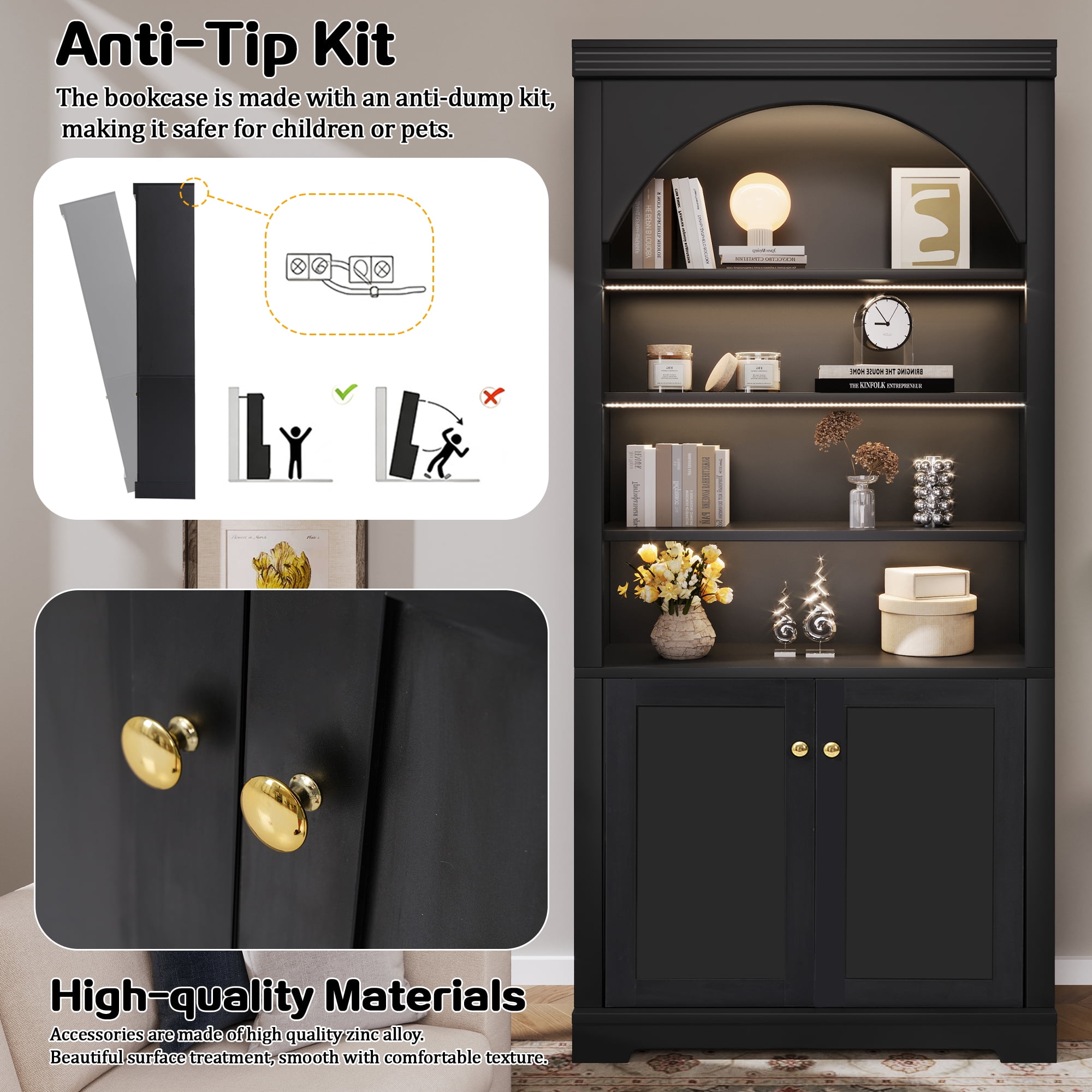 71" Tall Bookshelf Suite with 4-layer LED Lightings, 2 Piece Bookcase with Open Adjustable Shelves