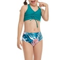 thumbnail image 1 of Faithtur Daughter  Mother Family Matching Swimwear Solid Color Sleeveless Drawstring V-Neck Tops + Leaves Print Panties Bikini Set, 1 of 9