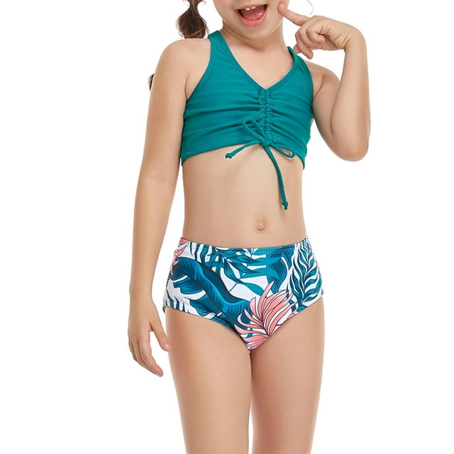 Faithtur Daughter Mother Family Matching Swimwear Solid Color Sleeveless Drawstring V-Neck Tops + Leaves Print Panties Bikini Set