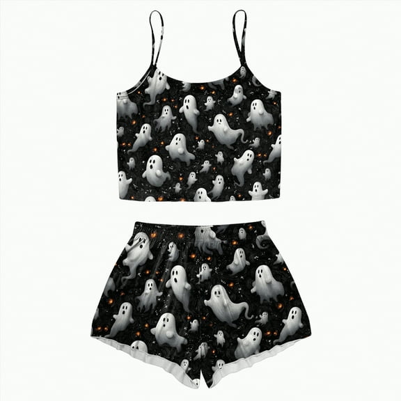 CAUYDY Women's Halloween Comfy Pajamas Sets Cute Ghost Pumpkin Top and Shorts Sleepwear 2PC Comfy Funny Holiday Lounge Set(A02-White,L)