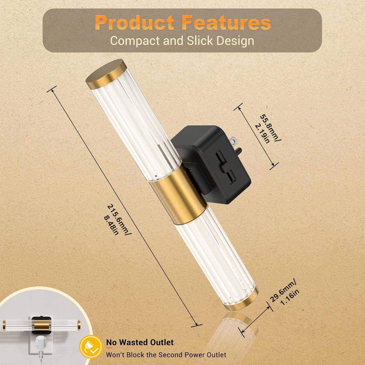 RGHJAR-Night Light, Night Lights Plug into Wall, Soft White 3000K, 0-100LM Dimmable Night Light, Vanity Light Bar for Hallway, Bathroom, Rooms