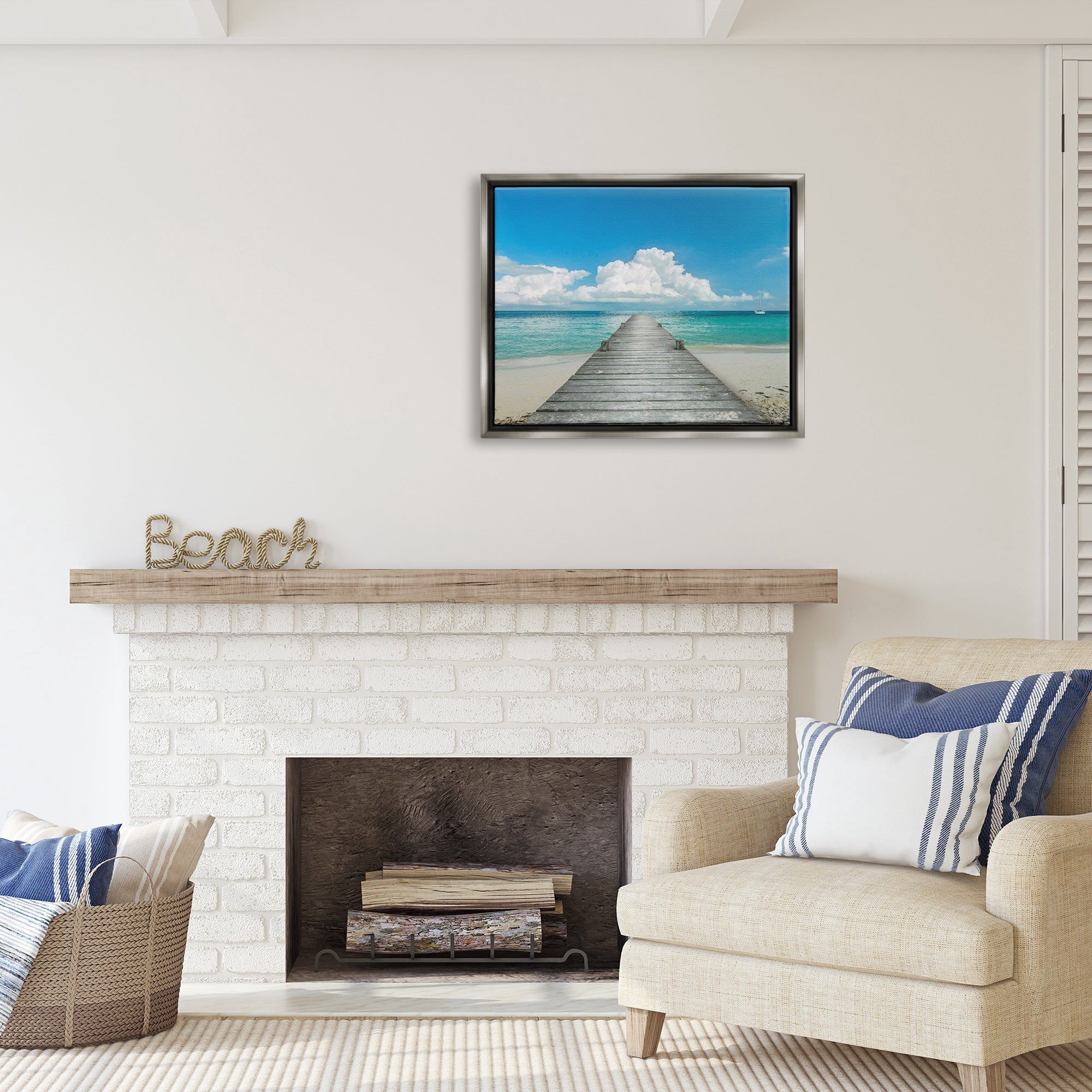 Stupell Industries Clear Blue Beach Sky Nature Photography Gray Floater Framed Canvas Art Print Wall Art, 31 x 25
