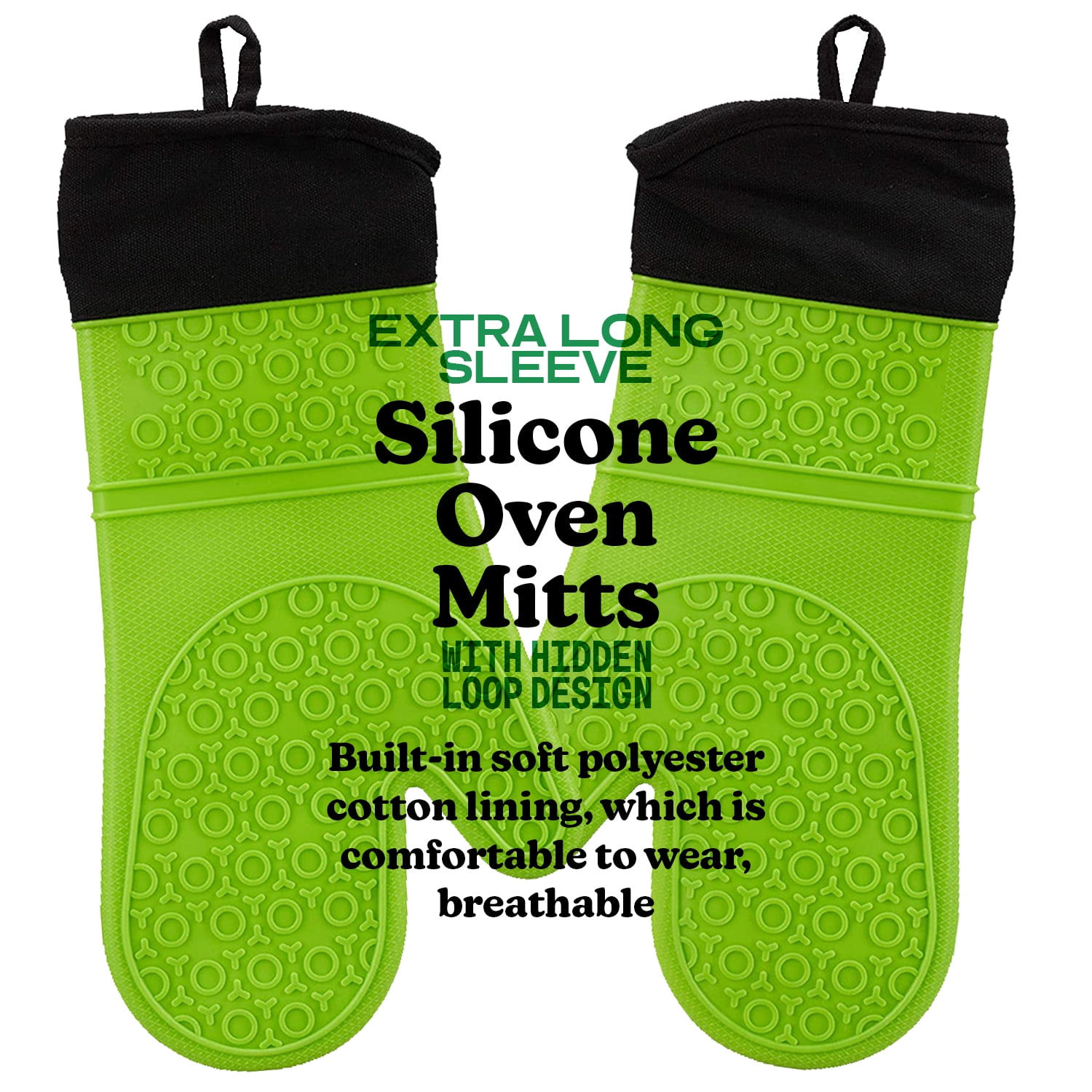 BPA-Free Soft Silicone Oven Mitts - Ultra Heat Resistant Oven Mitts with Thick Cotton Liner - Extra Long Slip Resistant Pot Holders, Flexible Oven Gloves - Green 14.7"