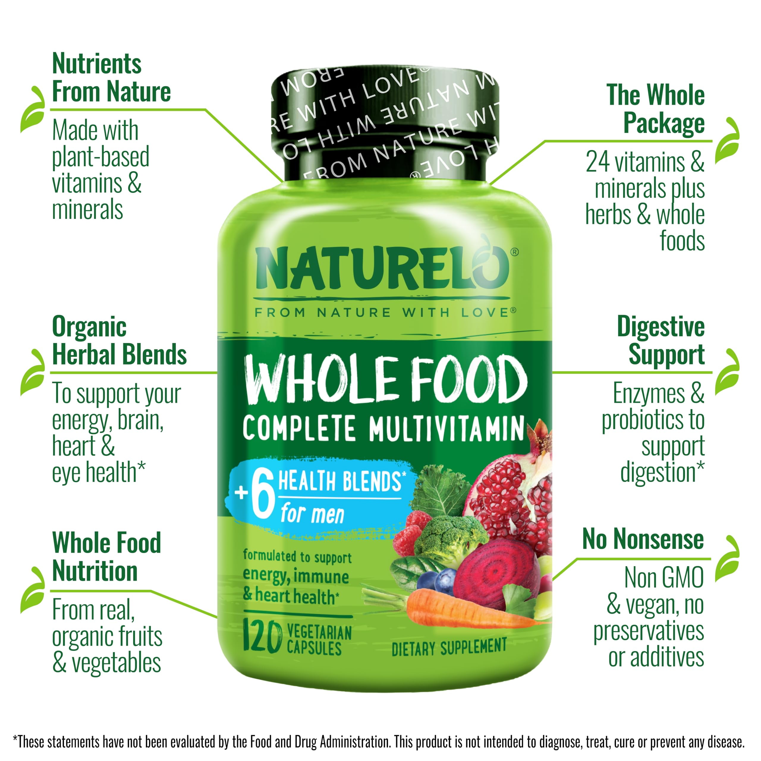 NATURELO Mens Multivitamins - Whole Food Multivitamin for Men with Vitamins, Minerals - 120 Vegetarian Capsules for Energy, Brain, Heart, Eye Health*