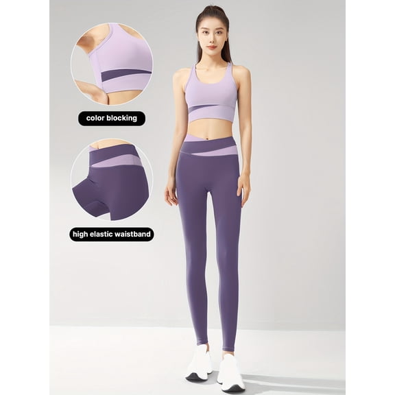 PISONIC Two-Piece Women's Sportswear, Color-Blocked Outfit, Tight-Fitting And Butt-Lifting, Fitness Yoga Suit Set.