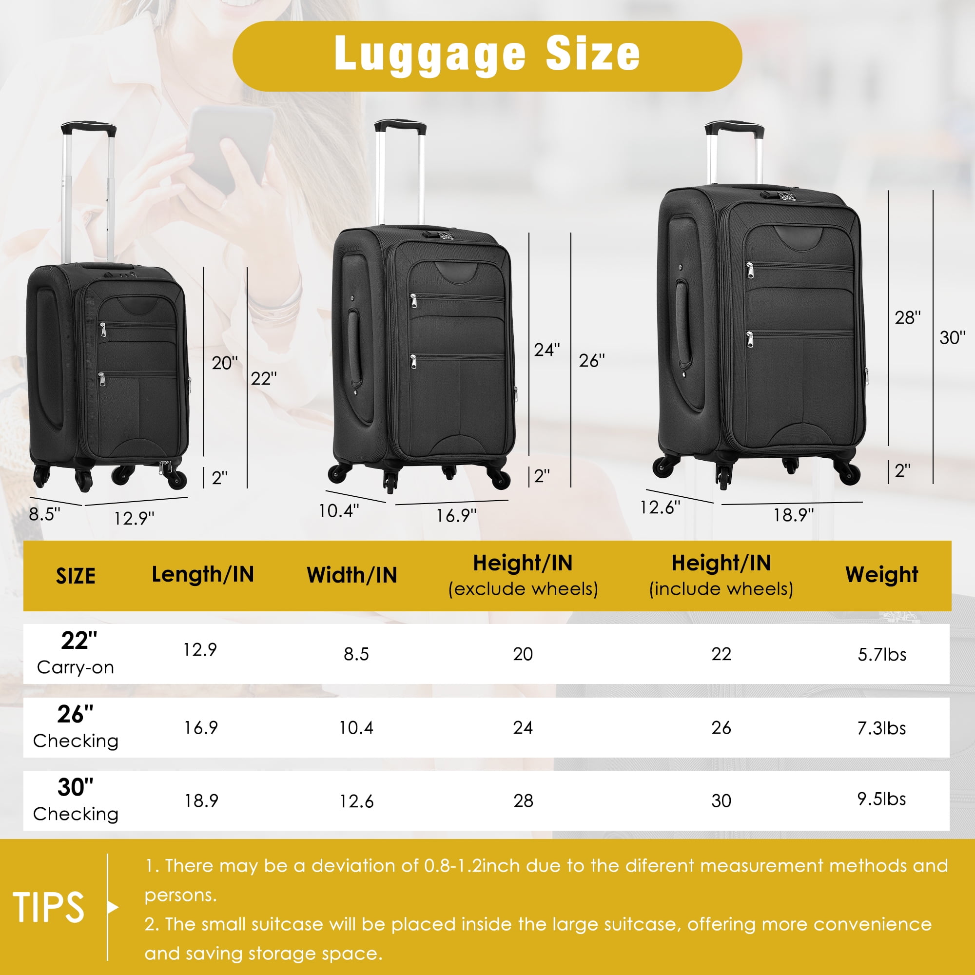 Softside Luggage Expandable 3 Piece Set Suitcase with Duffel Bag Upright Spinner Softshell Lightweight Luggage Travel Set-22/26/30 IN