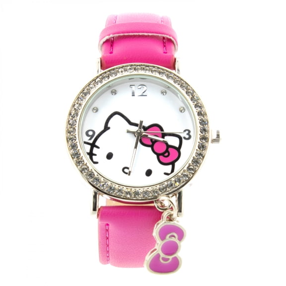 Hello Kitty Bright Pink Strap, Bow Charm  and  Crystal Bezel Analog Watch