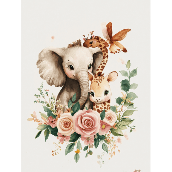 Adorable Elephant and Giraffe Floral Canvas Wall Art， Perfect for Living Room， Bedroom， Nursery， Gallery Wall， and Office Decor