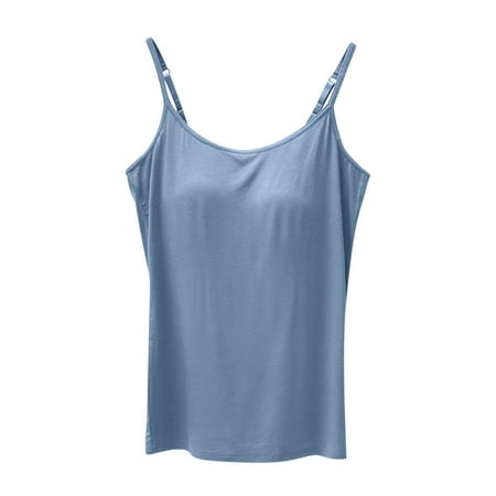 Cami Tops with Built in Bra Woman Modal Built-in Bra Padded Camisole Yoga Tanks Adjustable Spaghetti Strap Vest (X-Large  Blue)