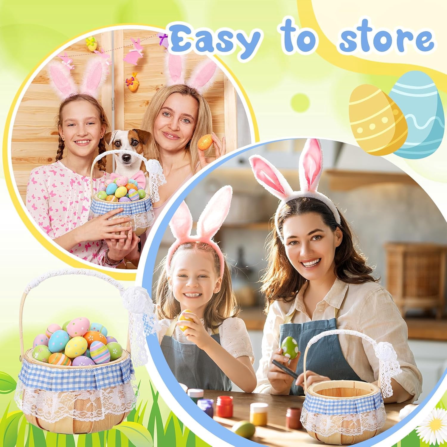 Easter Bunny Basket with Handle Small Rabbit Ears Picnic Basket Empty for Easter Eggs Hunt, Candy Storage, Outdoor Camping, Birthday, Halloween Costume(Blue and White,Round Style)